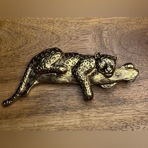 Vintage Gold Leopard on Branch Brooch - Sparkling Rhinestone Eyes